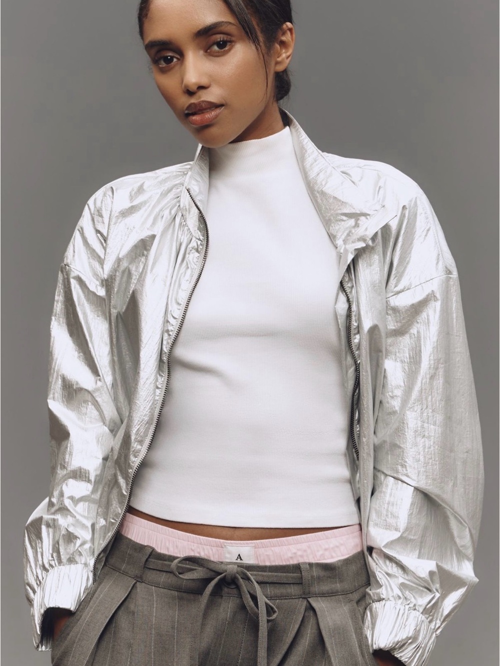 Anthropologie Women's Metallic Silver Bomber Jacket by Daily Practice